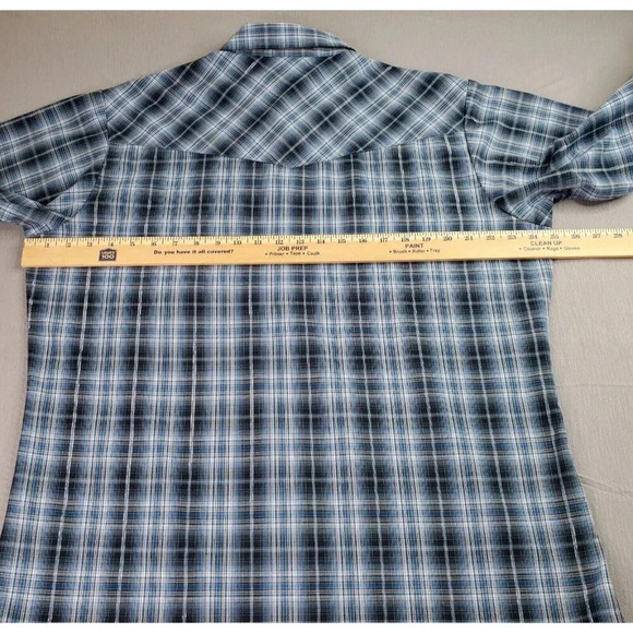 Ely Cattleman Western Shirt Large Blue Silver Plaid Pearl Cowboy Rodeo Dance - Picture 5 of 14